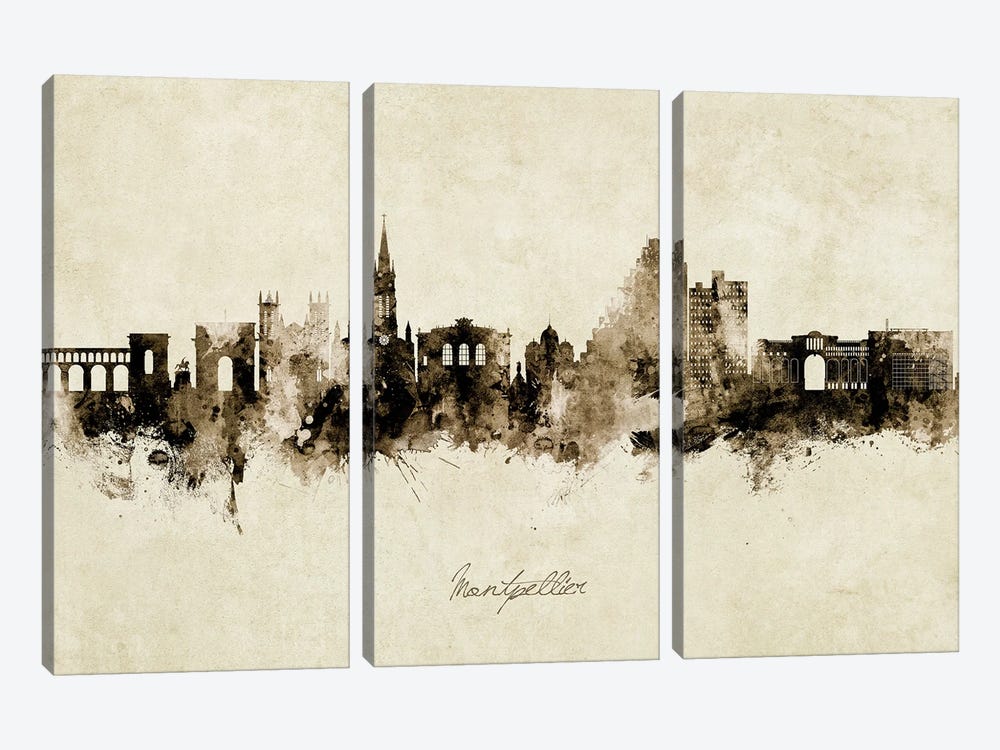 Montpellier France Skyline Vintage by Michael Tompsett 3-piece Canvas Art Print