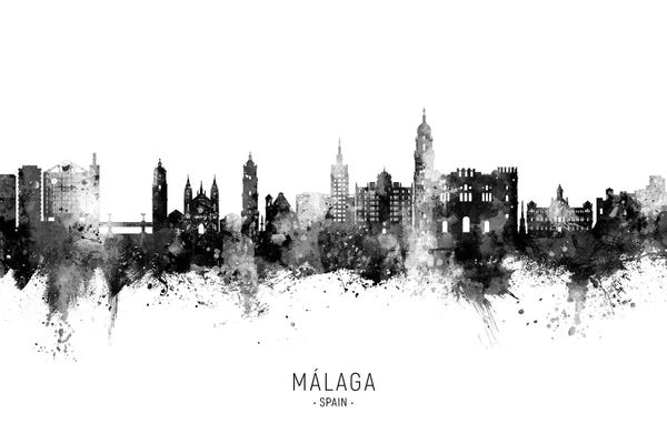 Andalusia: Malaga Spain Skyline Name BW by Michael Tompsett