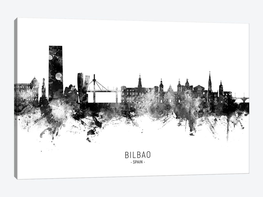 Bilbao Spain Skyline Name BW by Michael Tompsett 1-piece Canvas Wall Art