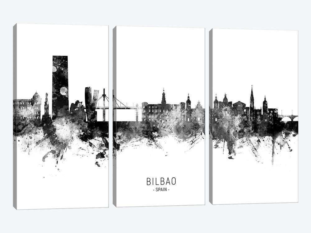 Bilbao Spain Skyline Name BW by Michael Tompsett 3-piece Canvas Wall Art