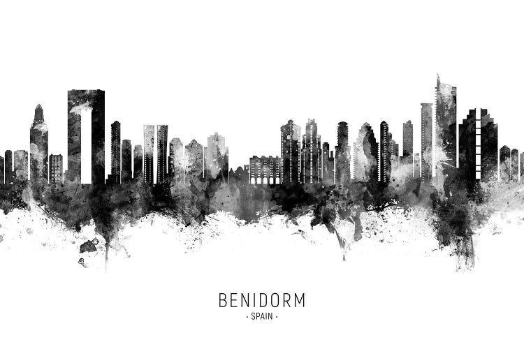 Benidorm Spain Skyline Name BW