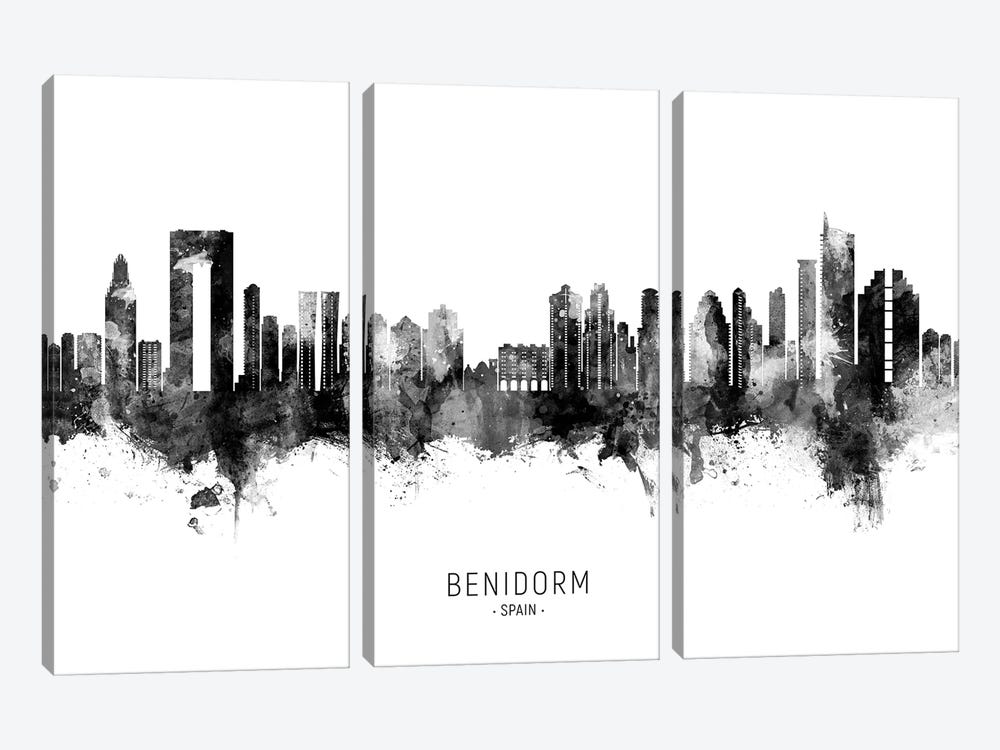 Benidorm Spain Skyline Name BW by Michael Tompsett 3-piece Canvas Print