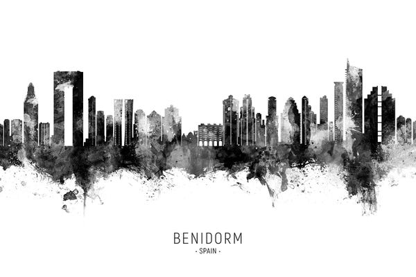 Valencian Community: Benidorm Spain Skyline Name BW by Michael Tompsett