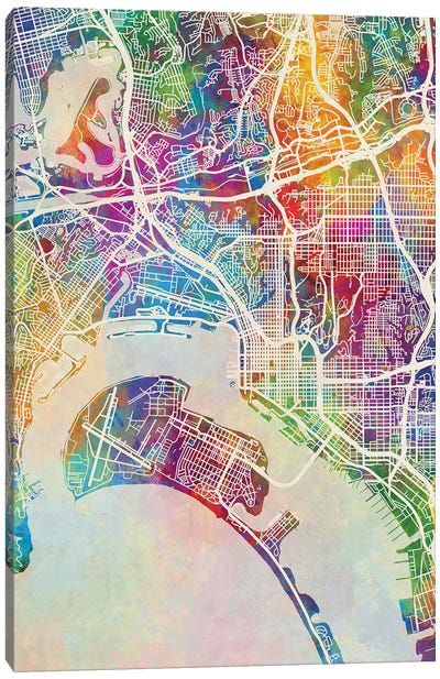 San Diego Map Color Canvas Art Print - Urban Maps
