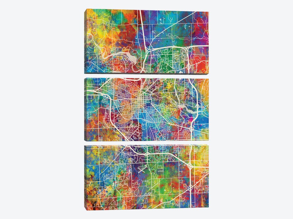Ann Arbor Map Color by Michael Tompsett 3-piece Canvas Artwork