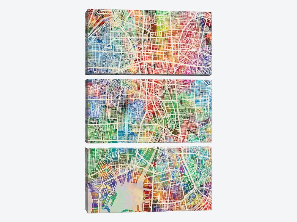 Nagoya Japan Map Color by Michael Tompsett 3-piece Canvas Art Print