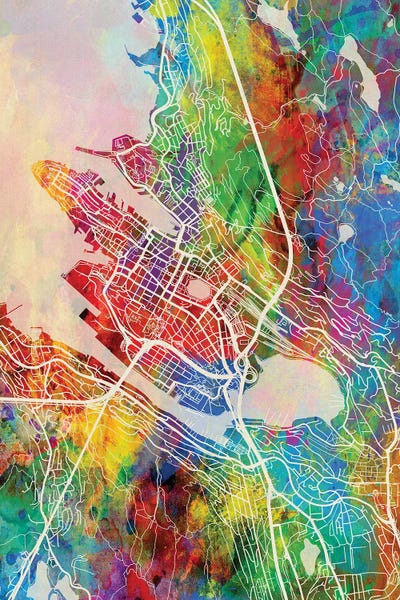 Bergen Norway Map Color by Michael Tompsett art print