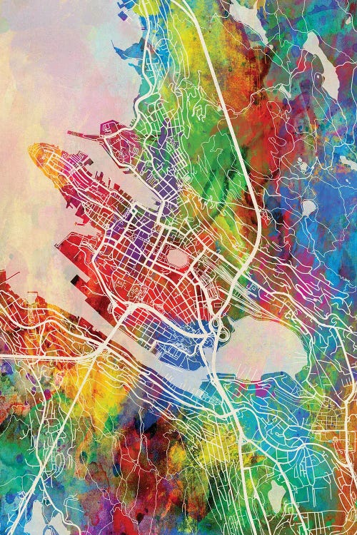 Bergen Norway Map Color by Michael Tompsett wall art
