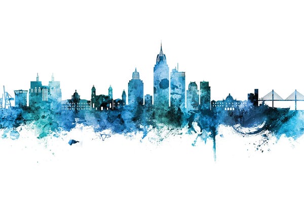 Alabama: Mobile Alabama Skyline Blue Teal by Michael Tompsett