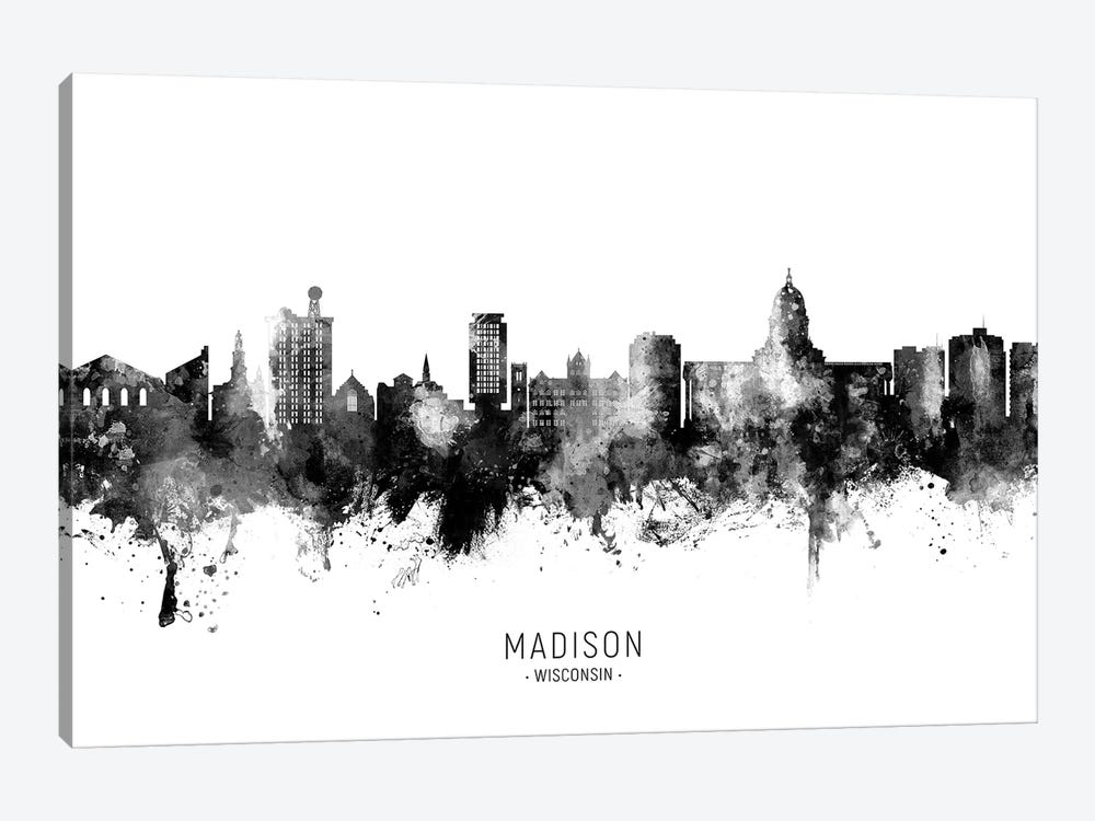 Madison Ii Wisconsin Skyline Name Bw by Michael Tompsett 1-piece Canvas Wall Art