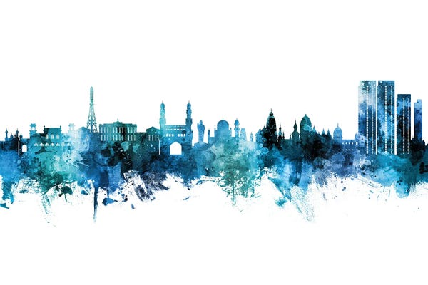 India: Hyderabad India Skyline Blue Teal by Michael Tompsett