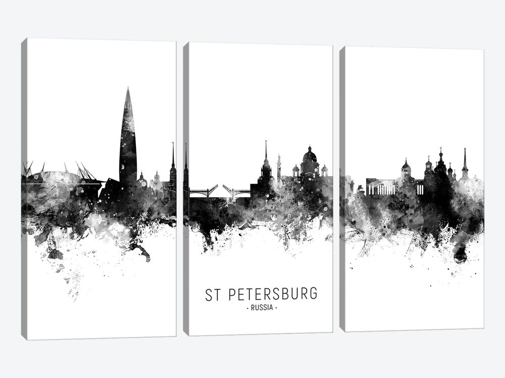 St Petersburg Russia Skyline Name Bw by Michael Tompsett 3-piece Canvas Wall Art