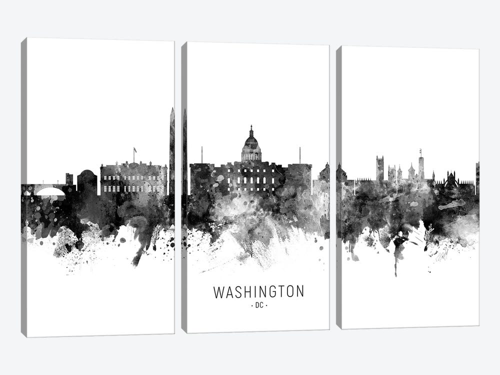 Washington Dc Skyline Name Bw 3-piece Canvas Art Print