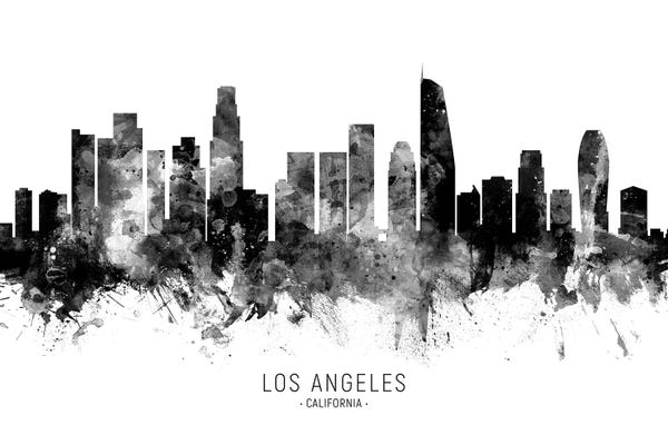 Los Angeles: Black And White Los Angeles California Skyline With Name by Michael Tompsett