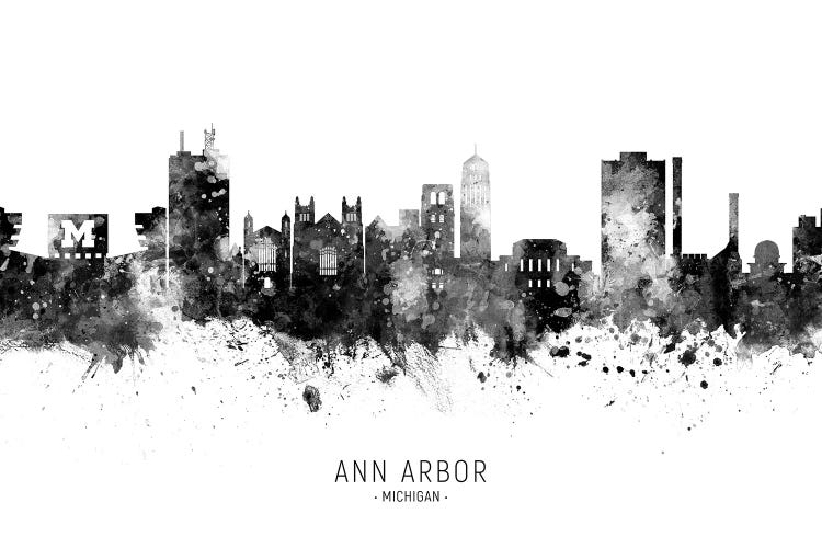 Ann Arbor Michigan Skyline Name Bw