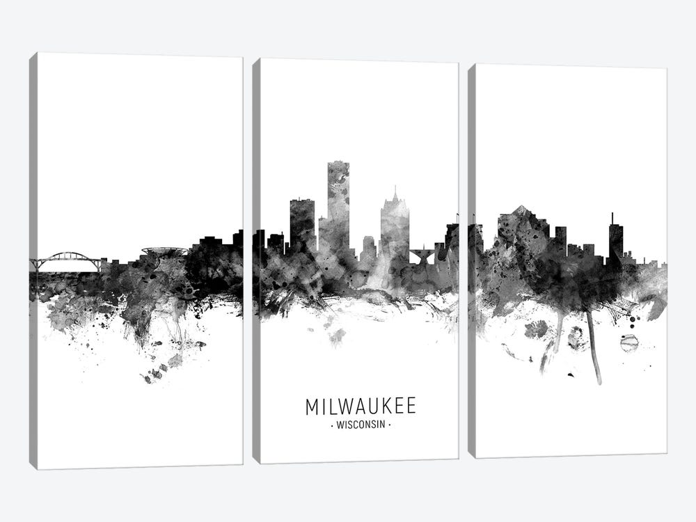 Milwaukee Wisconsin Skyline Name Bw by Michael Tompsett 3-piece Canvas Wall Art
