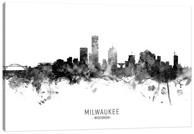 Milwaukee Wisconsin Skyline Name Bw Canvas Art Print - Black & White Scenic