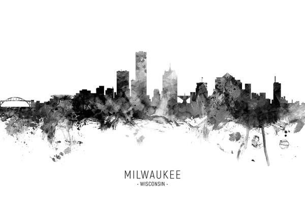 Michael Tompsett: Milwaukee Wisconsin Skyline Name Bw by Michael Tompsett