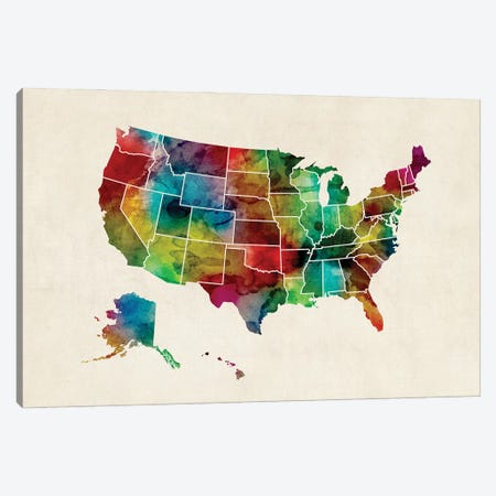 ﻿United States Watercolor Map Canvas Print #MTO3101} by Michael Tompsett Canvas Artwork