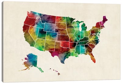 ﻿United States Watercolor Map Canvas Art Print - Country Maps