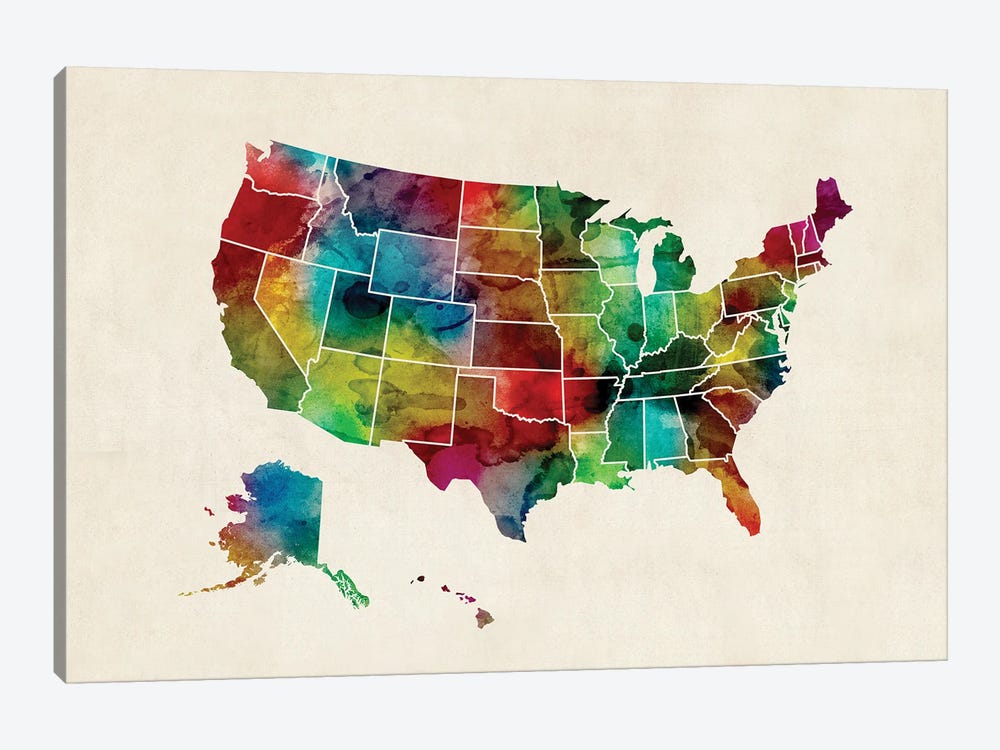 ﻿United States Watercolor Map by Michael Tompsett 1-piece Art Print