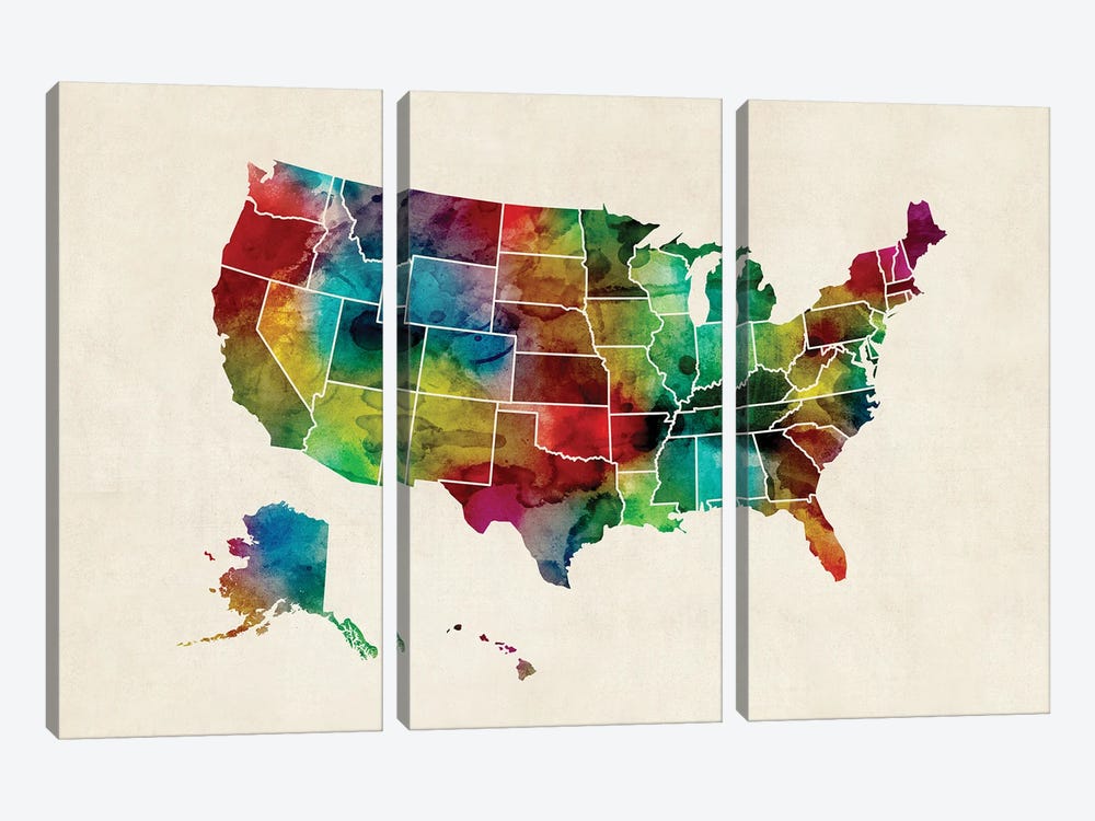 ﻿United States Watercolor Map by Michael Tompsett 3-piece Canvas Print