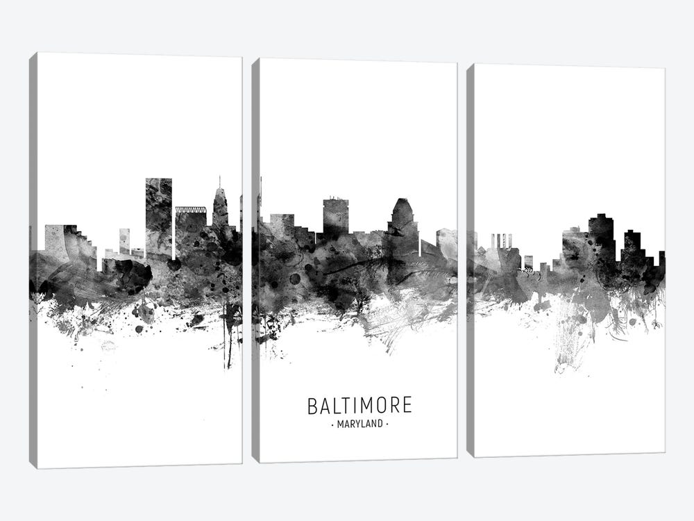 Baltimore Maryland Skyline Name Bw by Michael Tompsett 3-piece Canvas Art