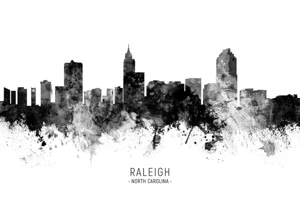 North Carolina: Black And White Raleigh North Carolina Skyline With Name by Michael Tompsett