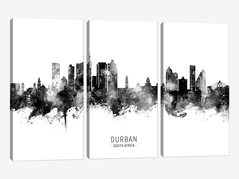 Durban South Africa Skyline Name Bw by Michael Tompsett 3-piece Canvas Wall Art