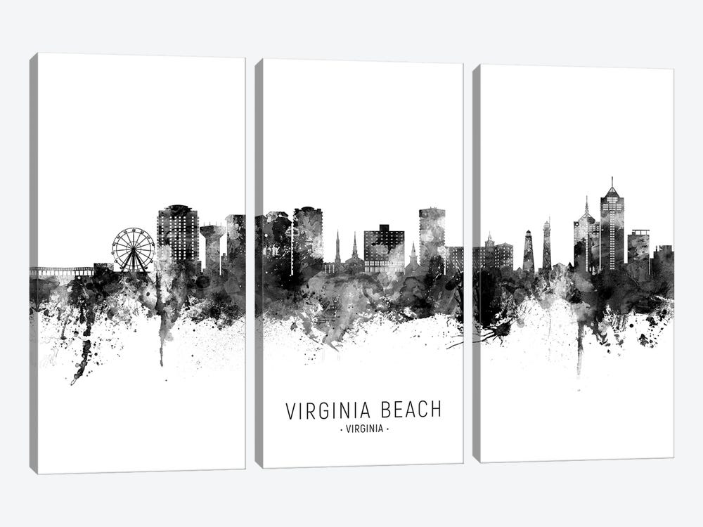 Virginia Beach Virginia Skyline Name Bw by Michael Tompsett 3-piece Canvas Wall Art
