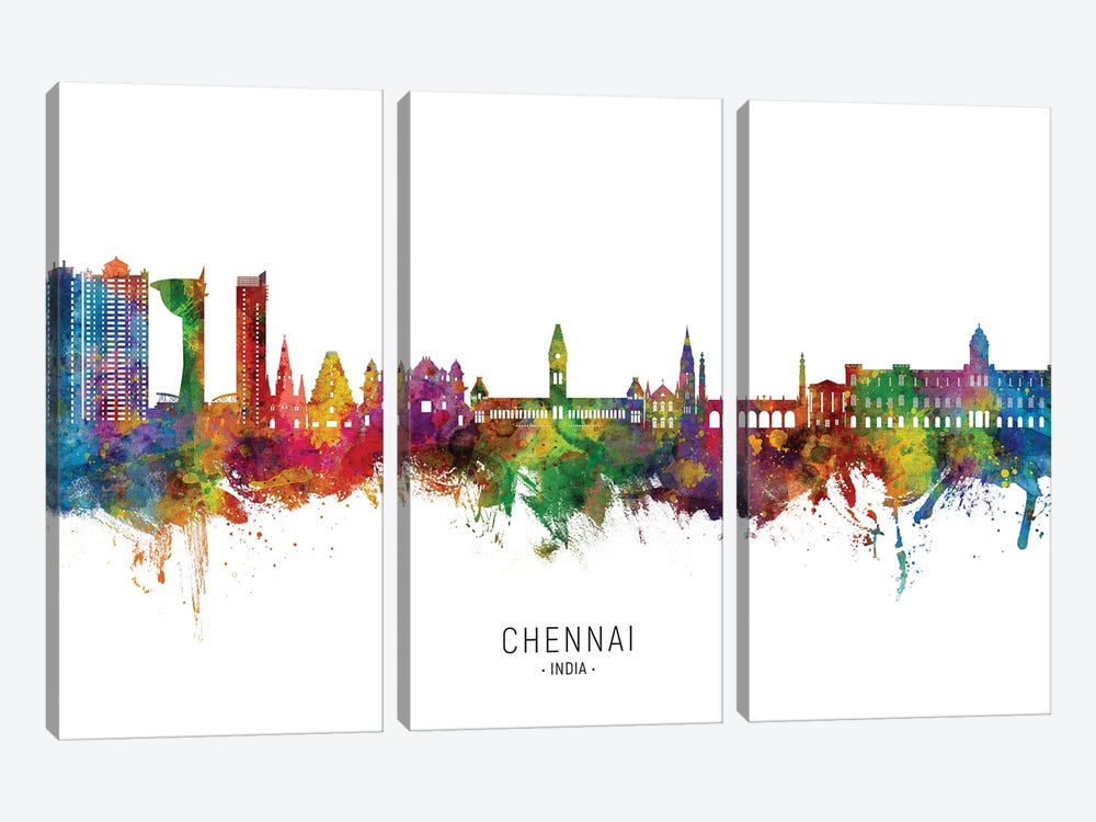 Chennai India Skyline City Name 3-piece Canvas Wall Art