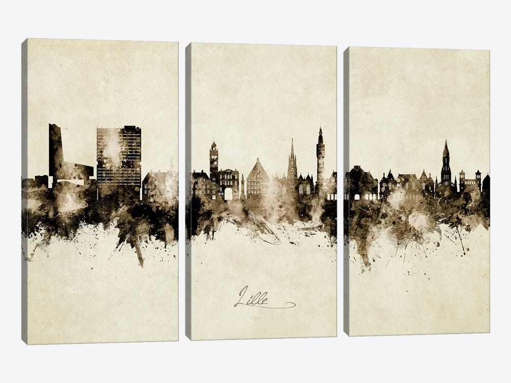 Lille France Skyline Vintage by Michael Tompsett 3-piece Canvas Print