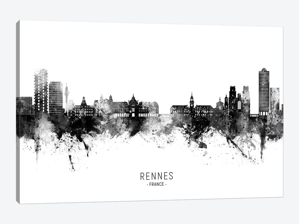 Rennes France Skyline Name Bw by Michael Tompsett 1-piece Canvas Print
