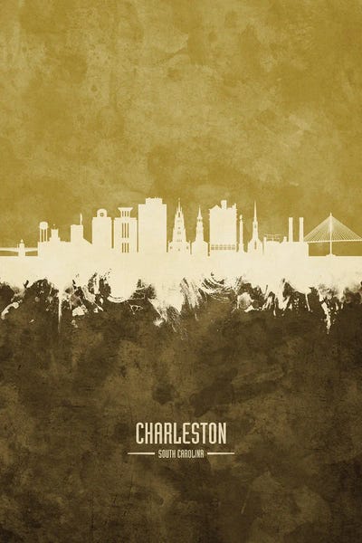 South Carolina: White On Ochre Charleston South Carolina Skyline by Michael Tompsett