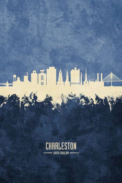 South Carolina: White On Navy Charleston South Carolina Skyline by Michael Tompsett