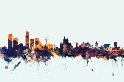 Blue Background Skyline Of Liverpool, England, United Kingdom by Michael Tompsett framed wall art