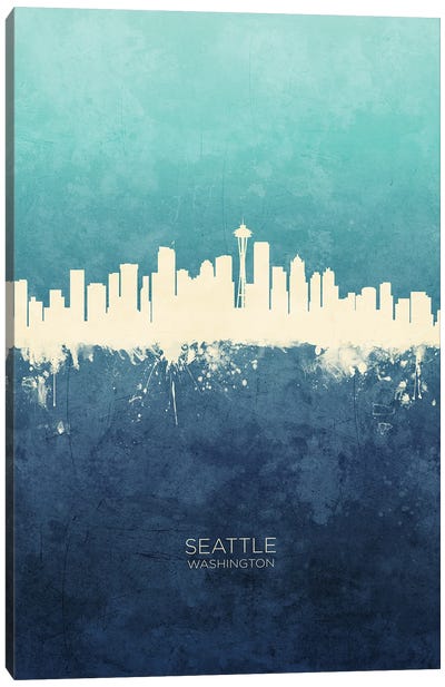 Seattle Washington Skyline Navy Cyan Canvas Art Print - Seattle Skylines