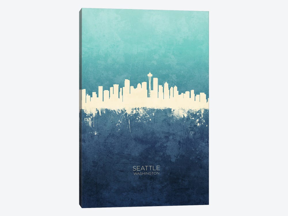 Seattle Washington Skyline Navy Cyan by Michael Tompsett 1-piece Art Print