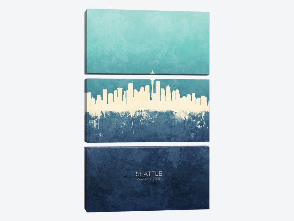 Seattle Washington Skyline Navy Cyan by Michael Tompsett 3-piece Canvas Art Print