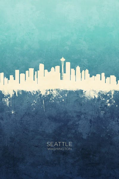 Seattle Skylines: Seattle Washington Skyline Navy Cyan by Michael Tompsett