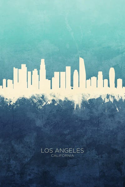 Los Angeles Skylines: White On Cyan Los Angeles California Skyline by Michael Tompsett