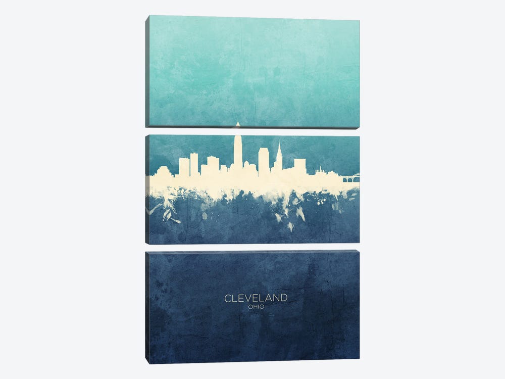 Cleveland Ohio Skyline Navy Cyan by Michael Tompsett 3-piece Canvas Print