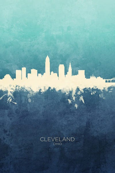 Ohio: Cleveland Ohio Skyline Navy Cyan by Michael Tompsett