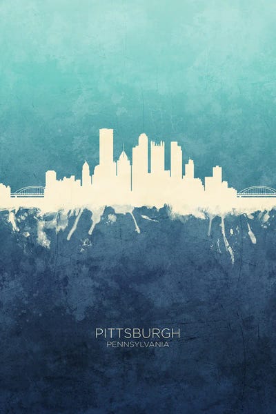 Pittsburgh Skylines: Pittsburgh  Skyline Navy Cyan by Michael Tompsett