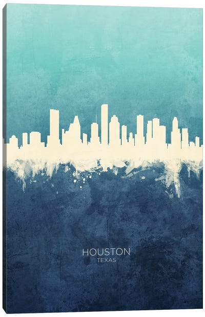 Houston Texas Skyline Navy Cyan Canvas Art Print - Houston Skylines