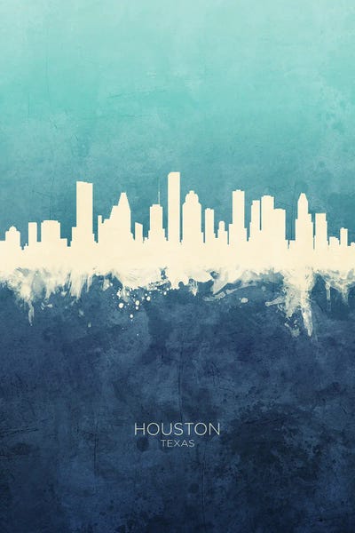 Houston: Houston Texas Skyline Navy Cyan by Michael Tompsett