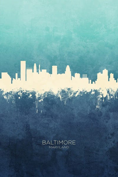 Maryland: Baltimore Maryland Skyline Navy Cyan by Michael Tompsett