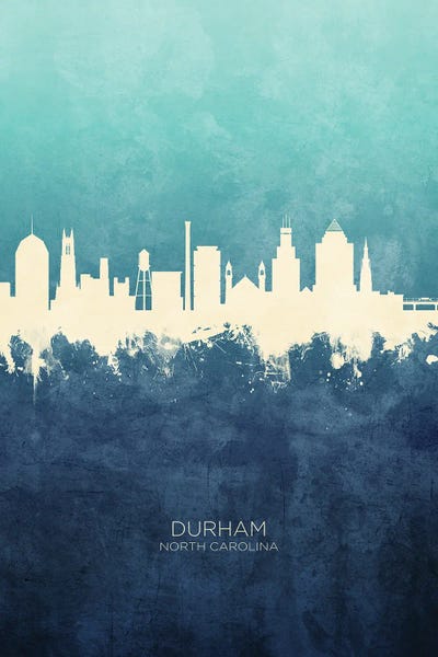 North Carolina: Durham North Carolina Skyline Navy Cyan by Michael Tompsett