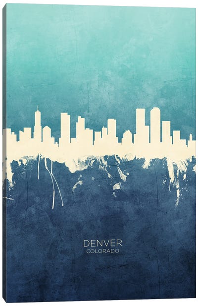 Denver Colorado Skyline Navy Cyan Canvas Art Print - Colorado Art