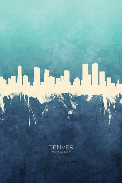 Colorado: Denver Colorado Skyline Navy Cyan by Michael Tompsett